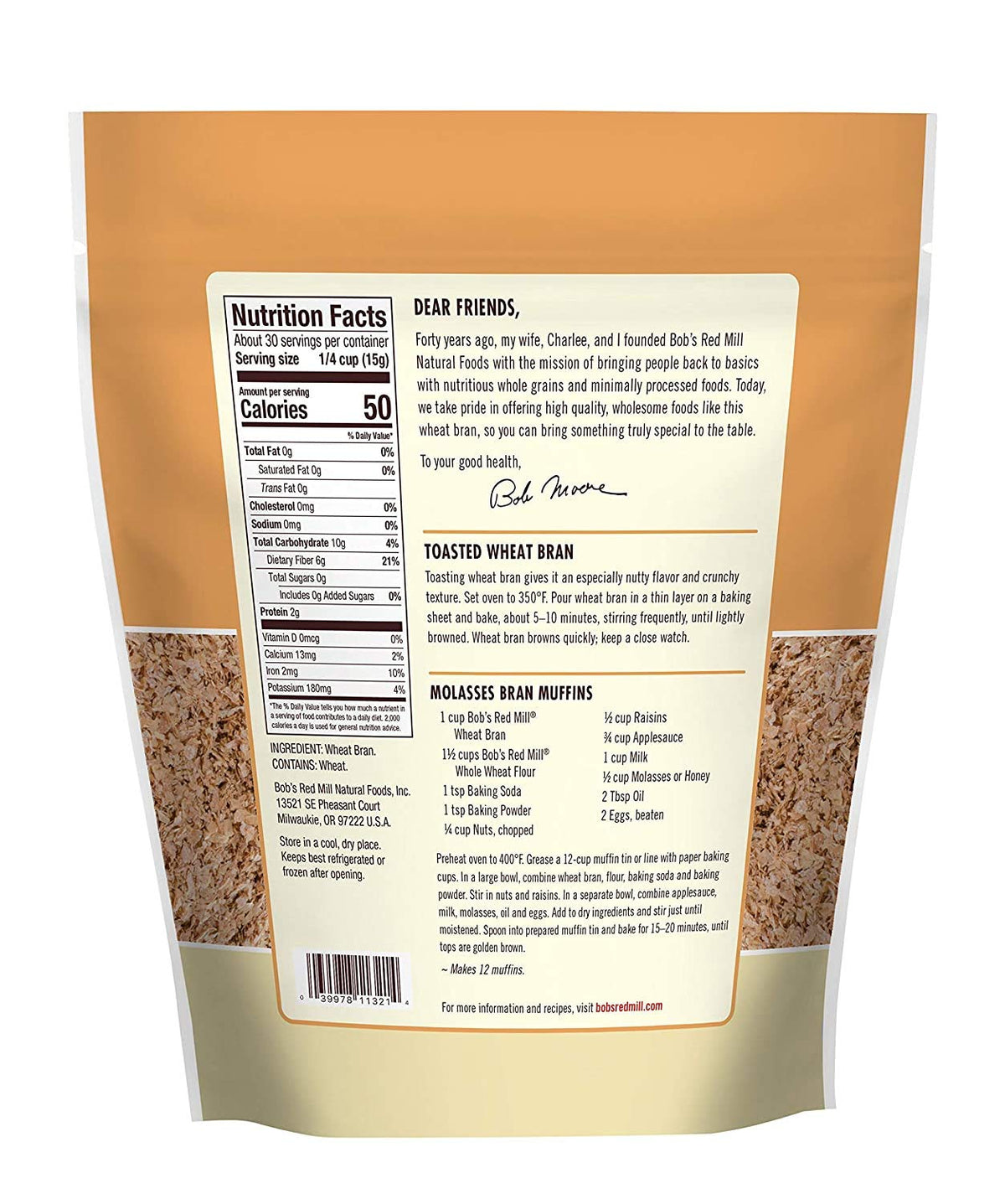 Close-up of Bob's Red Mill High Fiber Wheat Bran texture in a bowl, fiber-rich base
