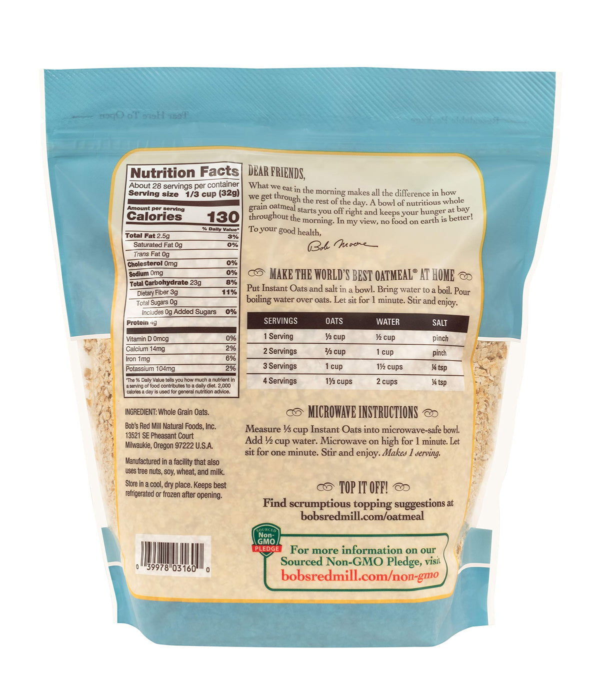 Bob's Red Mill instant rolled oats fiber-info card – fiber per serving explained.