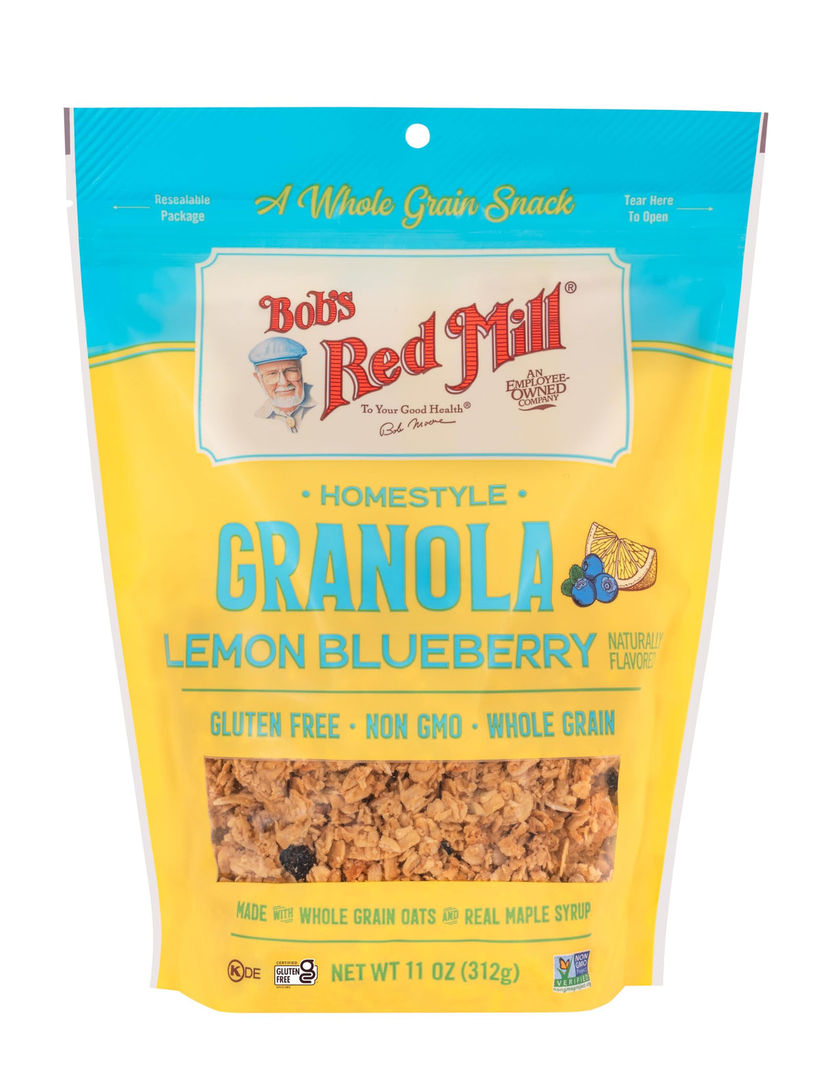 Bob's Red Mill Lemon Blueberry Granola bowl with berries shows crunchy texture and bright lemon flavor