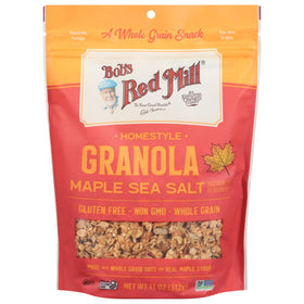 Bob's Red Mill Maple Sea Salt Granola bag open highlighting wholesome ingredients and whole grains.