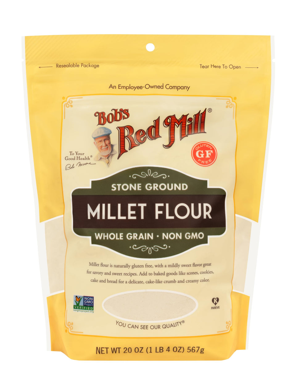 Bob's Red Mill millet flour stone-ground bag highlights wholesome whole grain for gluten-free baking.
