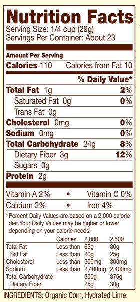 Bob's Red Mill Masa Harina nutrition label with fiber and protein.