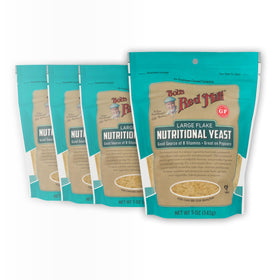 Bob's Red Mill nutritional yeast packaging on shelf, protein-rich seasoning