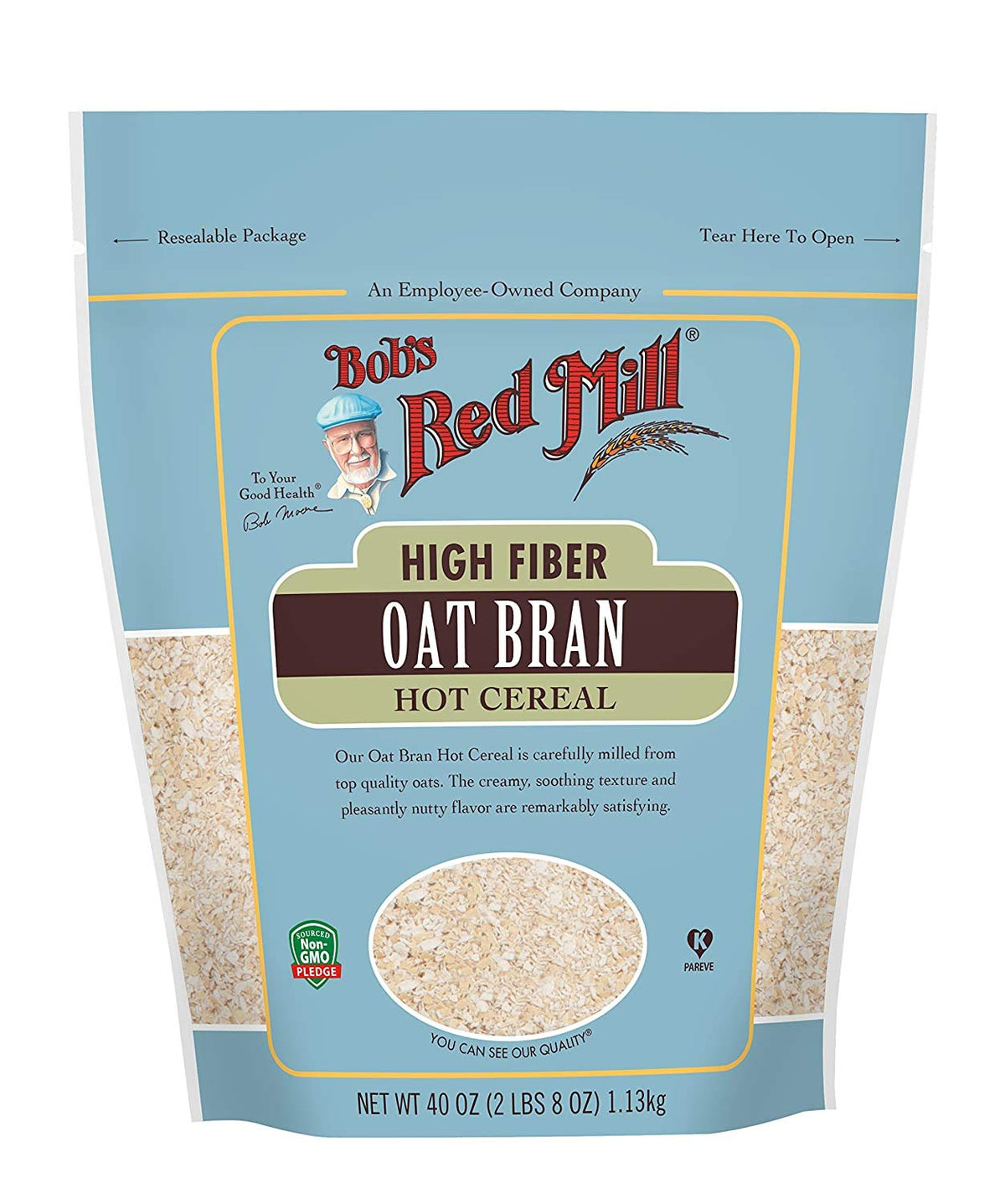 Bob's Red Mill Oat Bran Hot Cereal packaging highlights a high-fiber breakfast option