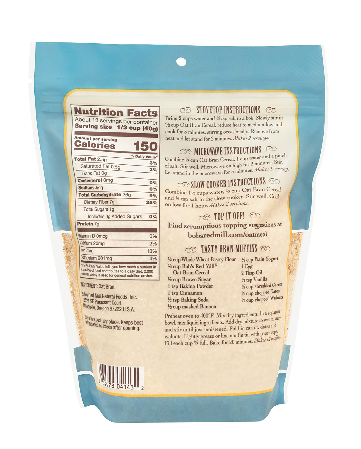 Bob's Red Mill Oat Bran milled from the outer oat layer for fiber-rich nutrition