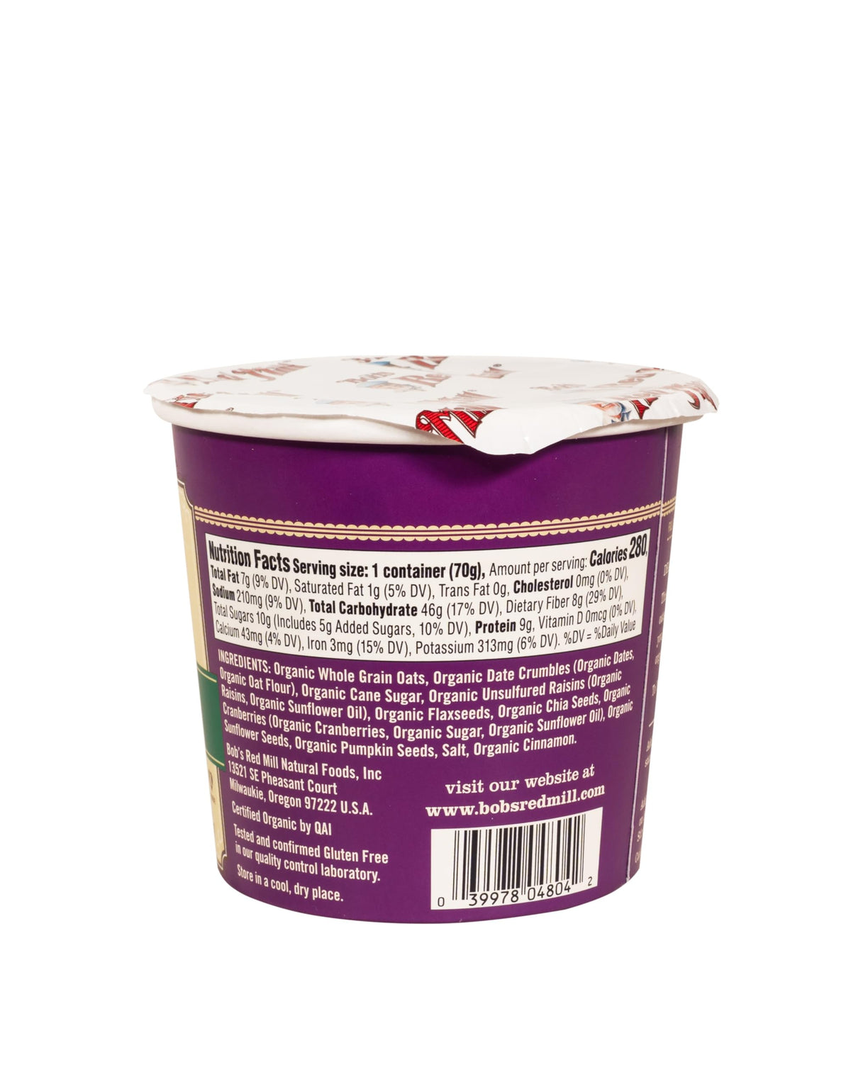 Bob's Red Mill Organic Oat Cup — high fiber with fruit and seeds.