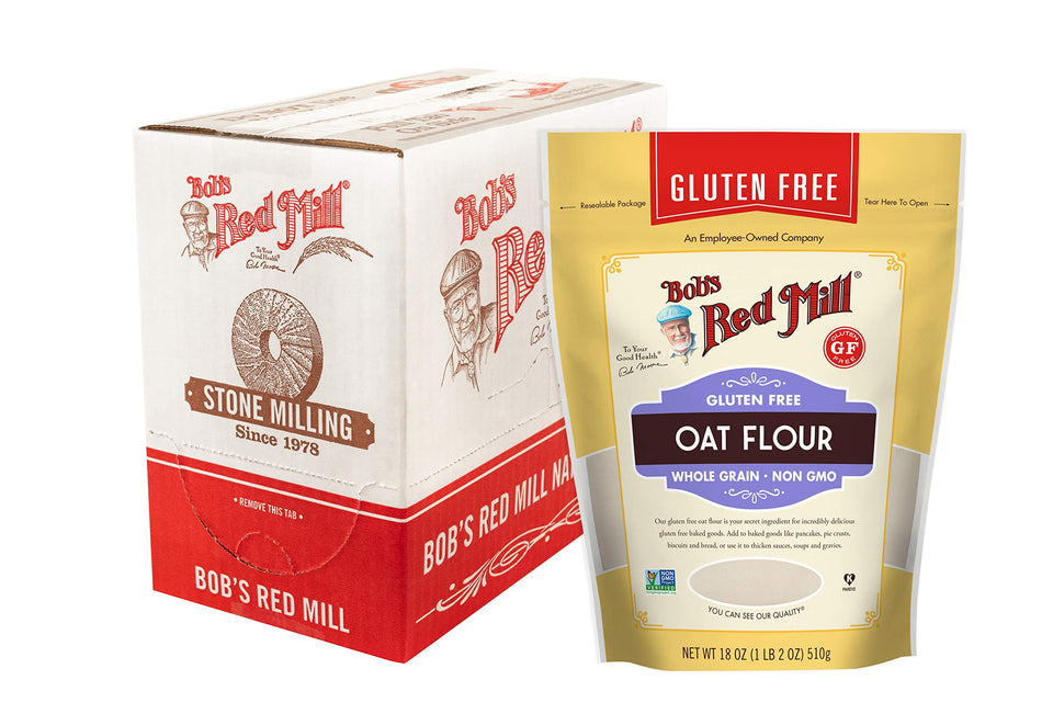 Bob's Red Mill Oat Flour bag reveals hearty whole grain texture for gluten free baking