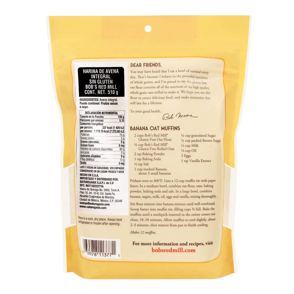 Bob's Red Mill oat flour bags on shelf for everyday cooking.