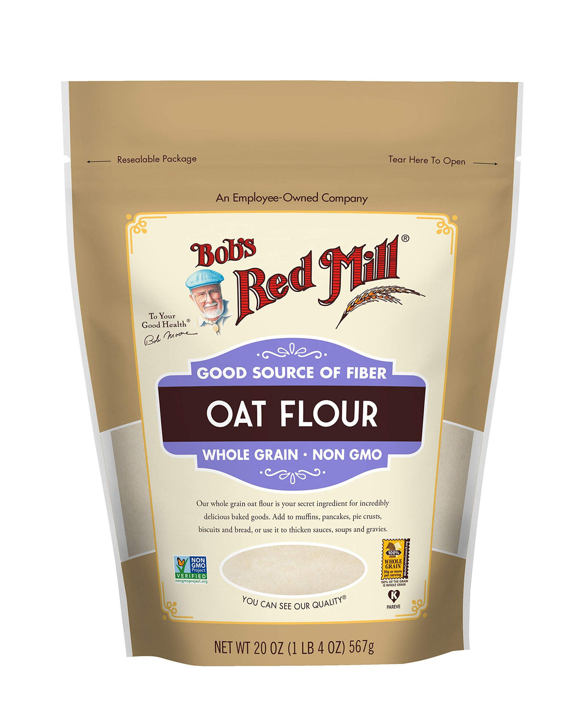 Bob's Red Mill oat flour packaging shows fiber and protein content.