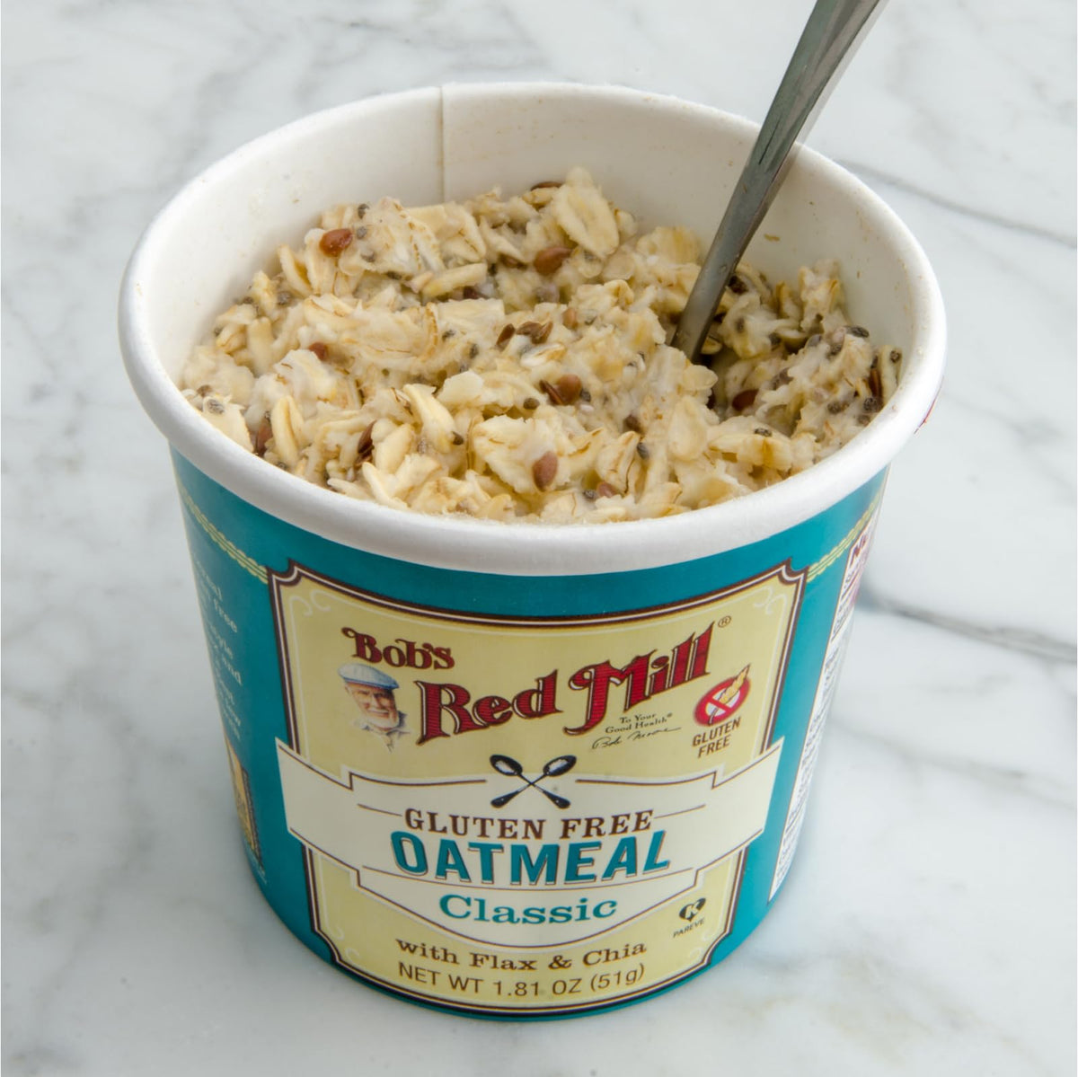 Bob's Red Mill Oatmeal Cup provides whole grains and protein for satiety.