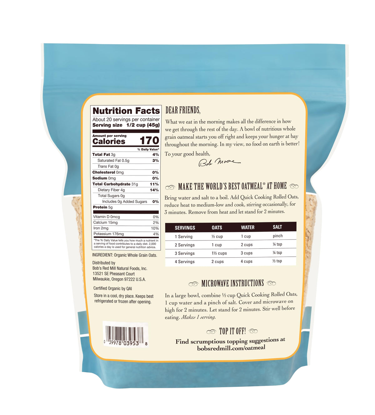 Close-up of Bob's Red Mill oats bag showing whole grain texture