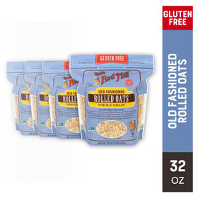 Bob's Red Mill oats being poured into a cereal bowl with berries