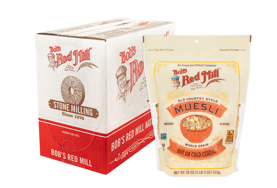 Bob's Red Mill Old Country Style Muesli ingredients for a hearty, fiber-rich breakfast.
