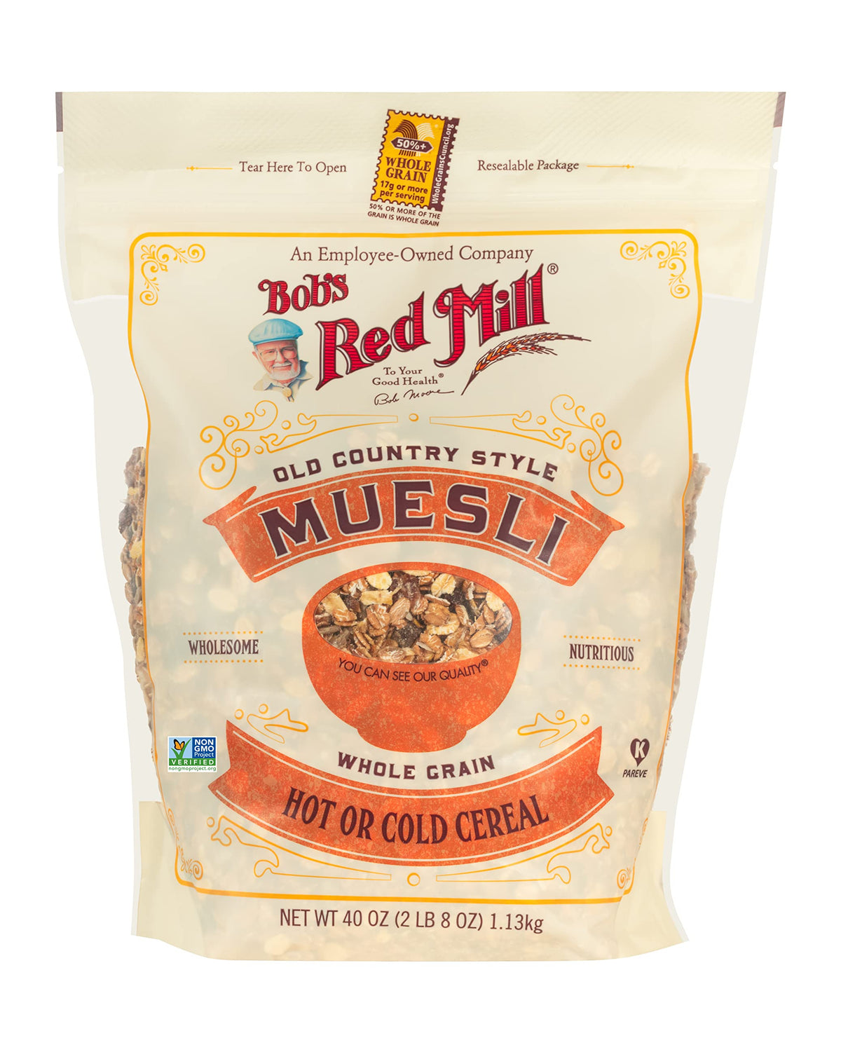 Bob's Red Mill Old Country Style Muesli packaging showing four-pack value and whole grain ingredients