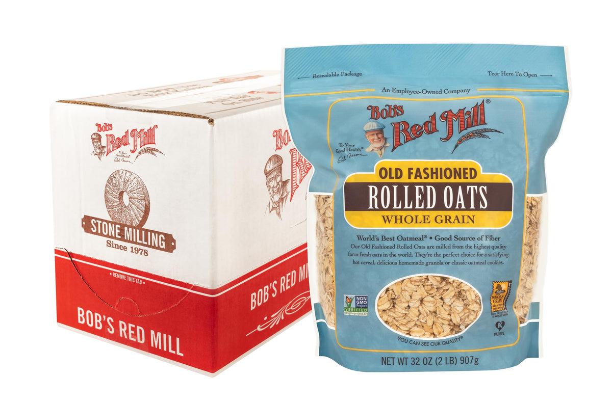 Bob's Red Mill Old Fashioned oats in blue bag ready for breakfast bowls