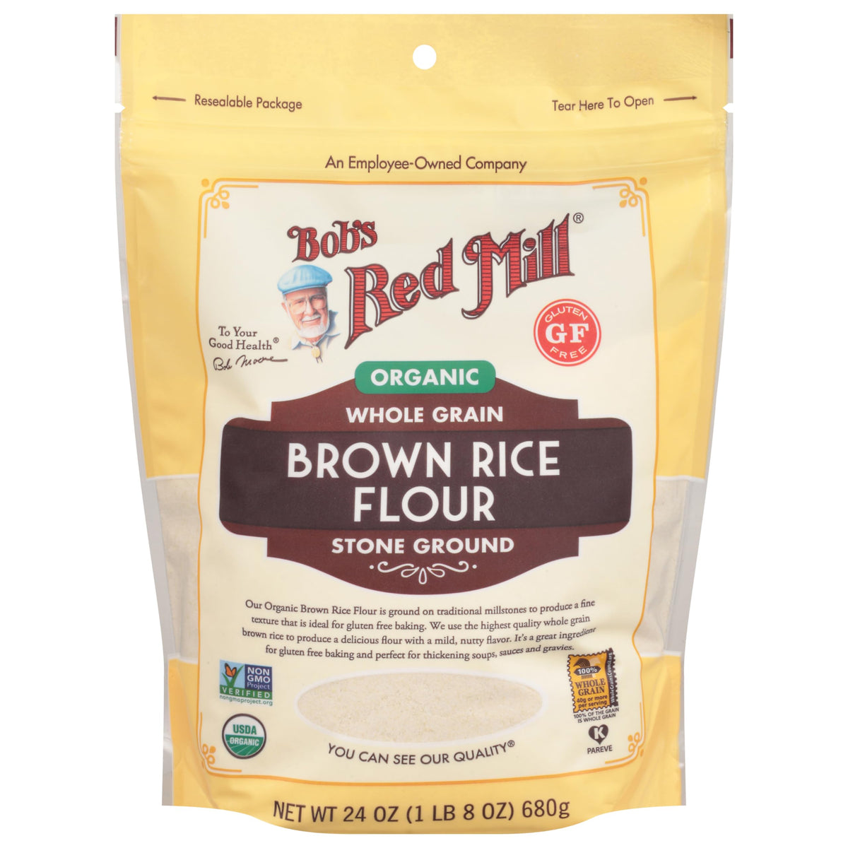 Ultra-fine grind of Bob's Red Mill Organic Brown Rice Flour close-up.