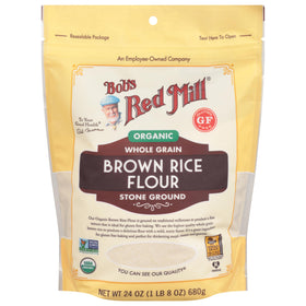 Ultra-fine grind of Bob's Red Mill Organic Brown Rice Flour close-up.