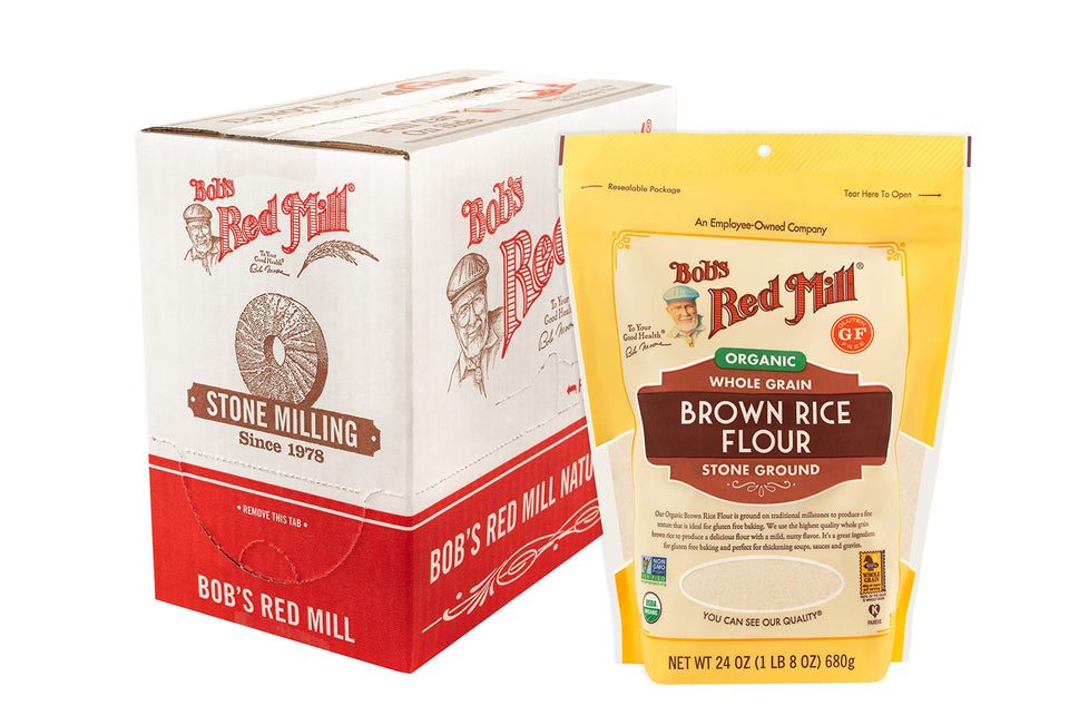 Bob's Red Mill Organic Brown Rice Flour packaging, four-pack, ideal for gluten-free baking.