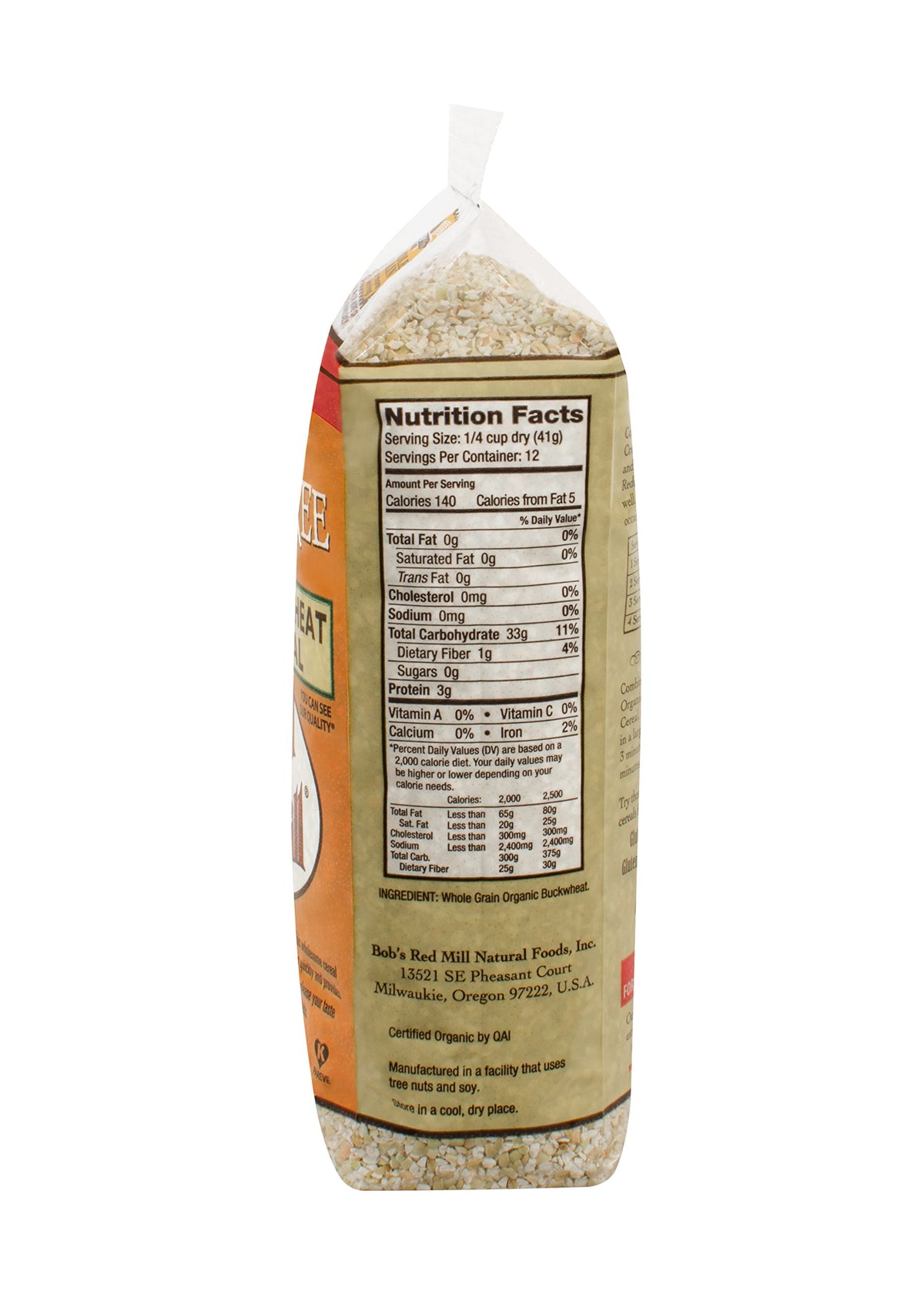 Packaging close-up highlighting organic certification and gluten-free facility on label.