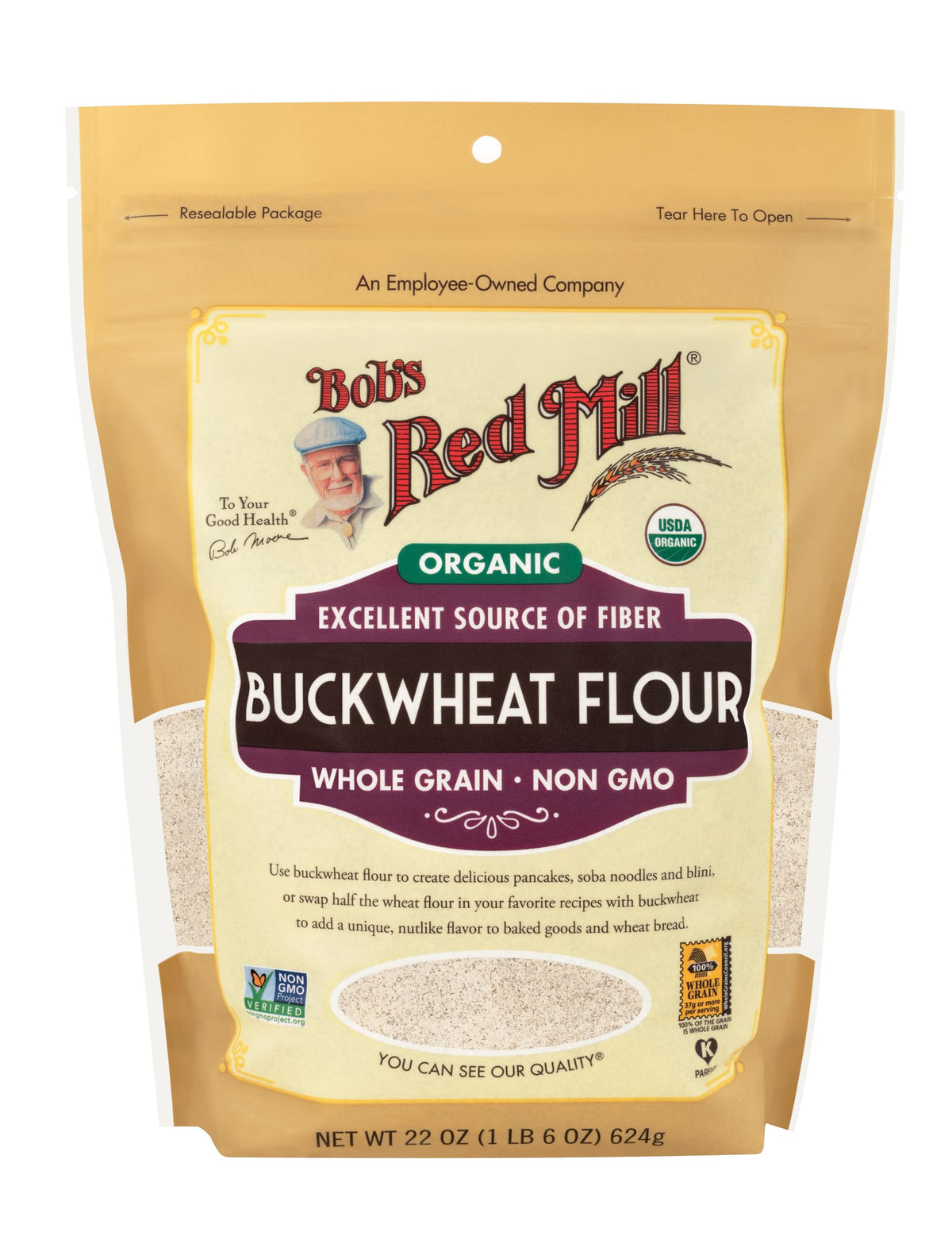 Bob's Red Mill organic buckwheat flour bulk bag close-up for baking versatility.