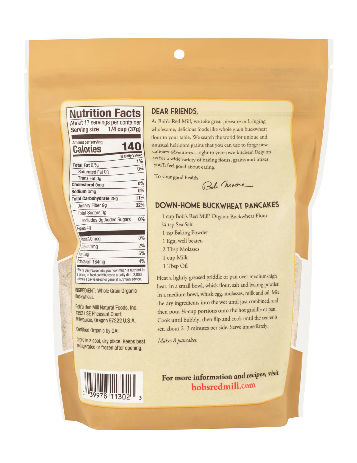 Bob's Red Mill organic buckwheat flour shows fine texture ready for baking.