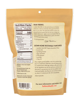 Bob's Red Mill organic buckwheat flour shows fine texture ready for baking.