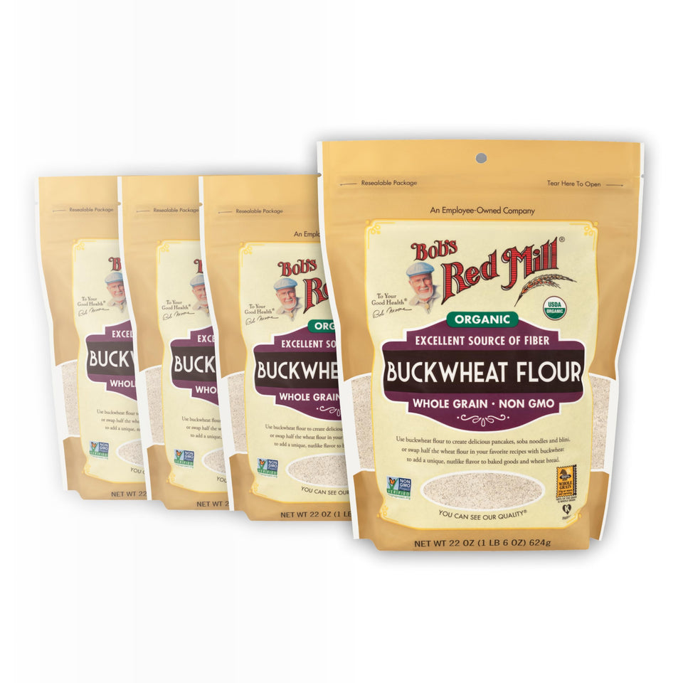 Bob's Red Mill organic buckwheat flour pack 4x22oz on shelf for versatile baking options.