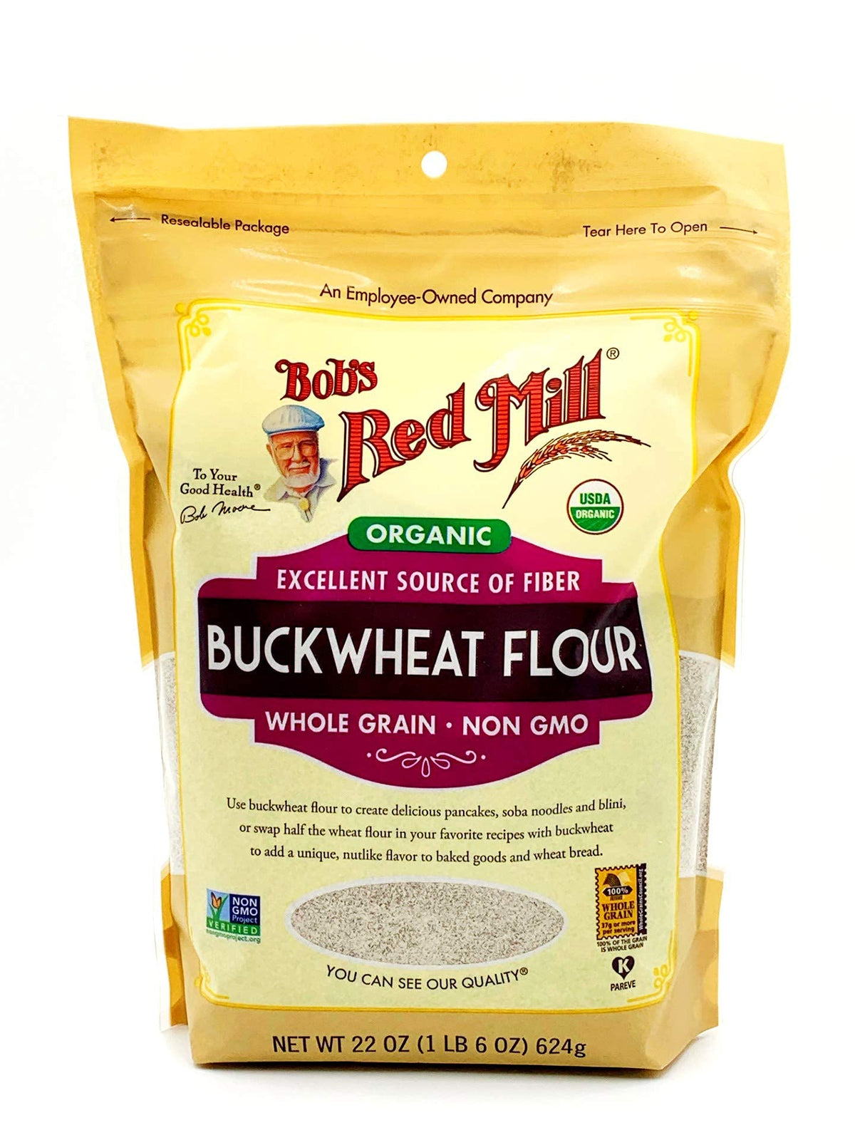 Bob's Red Mill Organic Buckwheat Flour packaging on shelf, naturally gluten-free option