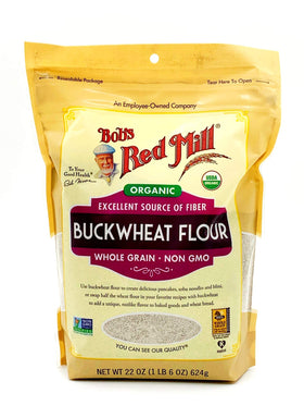 Bob's Red Mill Organic Buckwheat Flour packaging on shelf, naturally gluten-free option