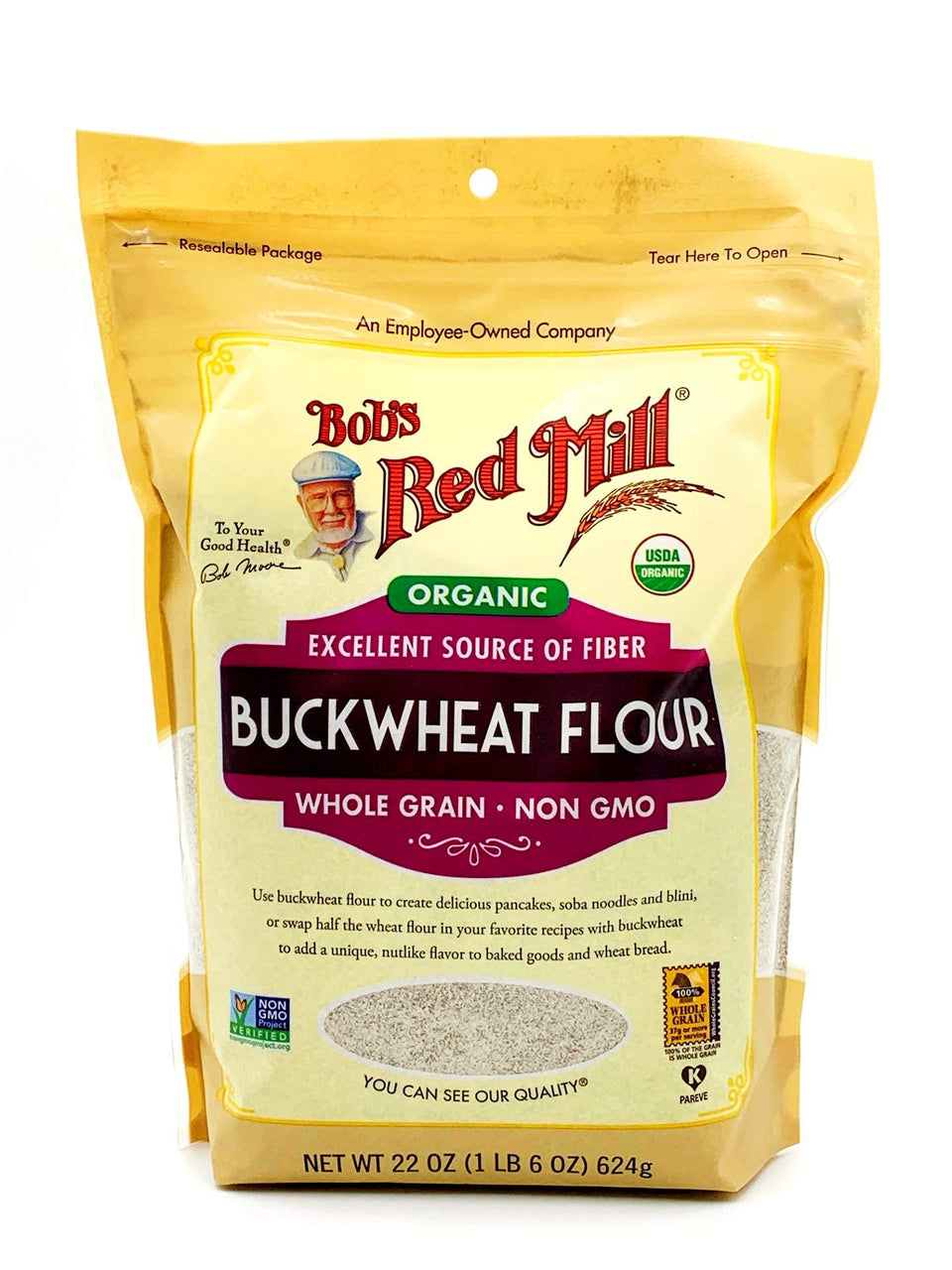 Bob's Red Mill Organic Buckwheat Flour packaging on shelf, naturally gluten-free option