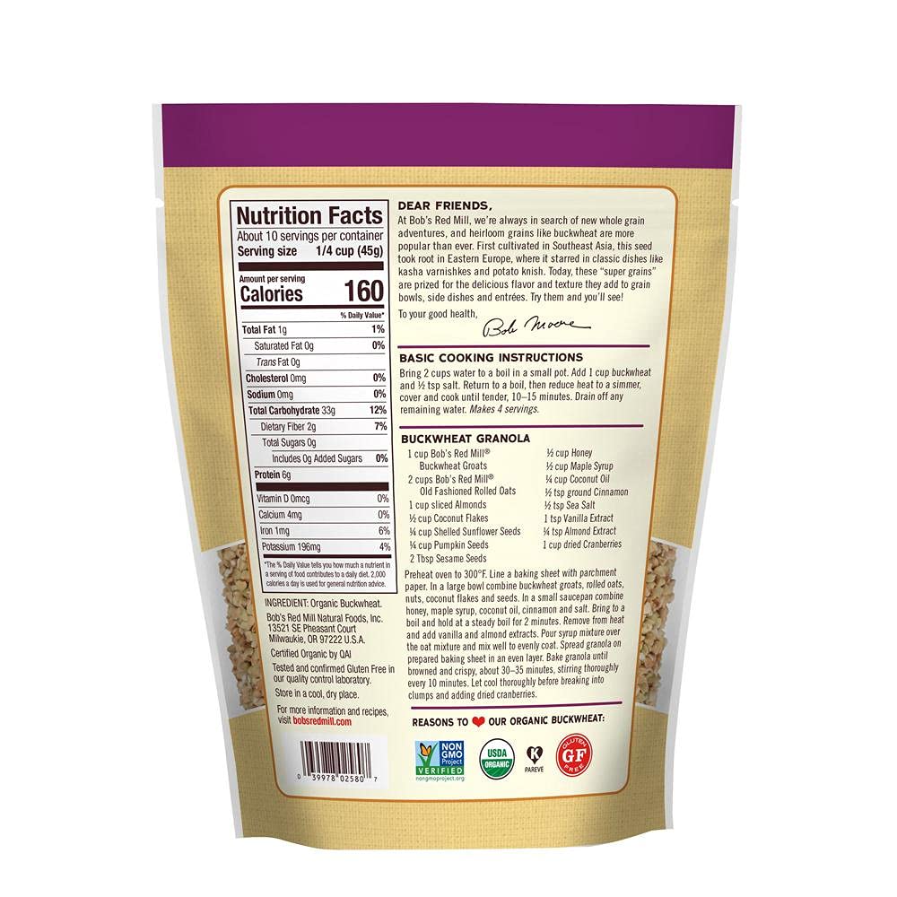 Bob's Red Mill Buckwheat Groats bag close-up highlighting organic, gluten-free versatility.
