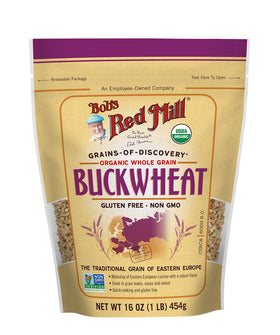 Bob's Red Mill buckwheat groats in a pan for toasting to boost flavor
