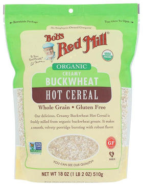 Bob's Red Mill Organic Buckwheat Hot Cereal packaging shows a four-pack, gluten-free breakfast option.