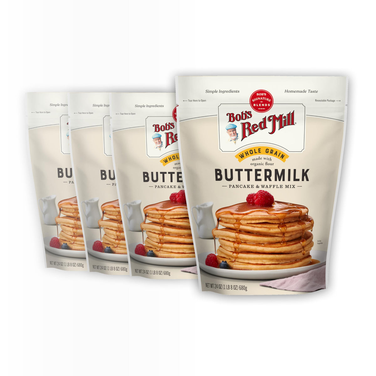 Bob's Red Mill Organic Buttermilk Pancake Mix packaging shown for quick breakfast prep