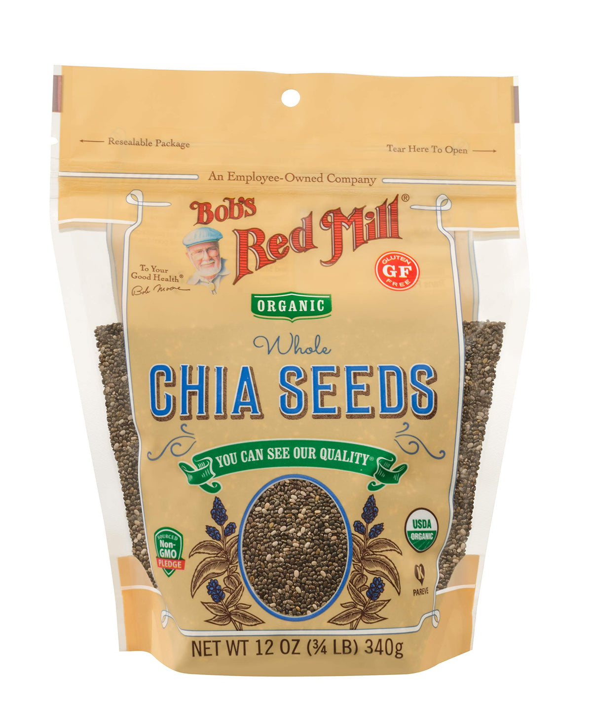 Bob's Red Mill Organic Chia Seeds close-up ready to mix into meals.