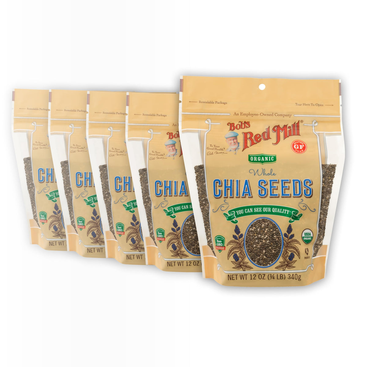Bob's Red Mill Organic Chia Seeds packaging; convenient five-pack for gluten-free fiber.
