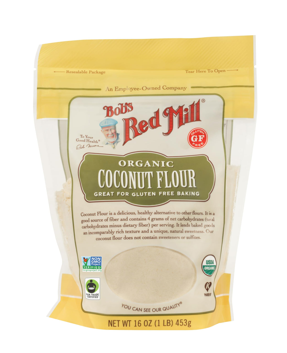 Bob's Red Mill Organic Coconut Flour bag closeup – high-fiber, low-carb ingredient for healthy baking.