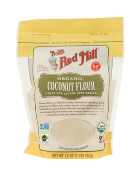 Bob's Red Mill Organic Coconut Flour bag closeup – high-fiber, low-carb ingredient for healthy baking.