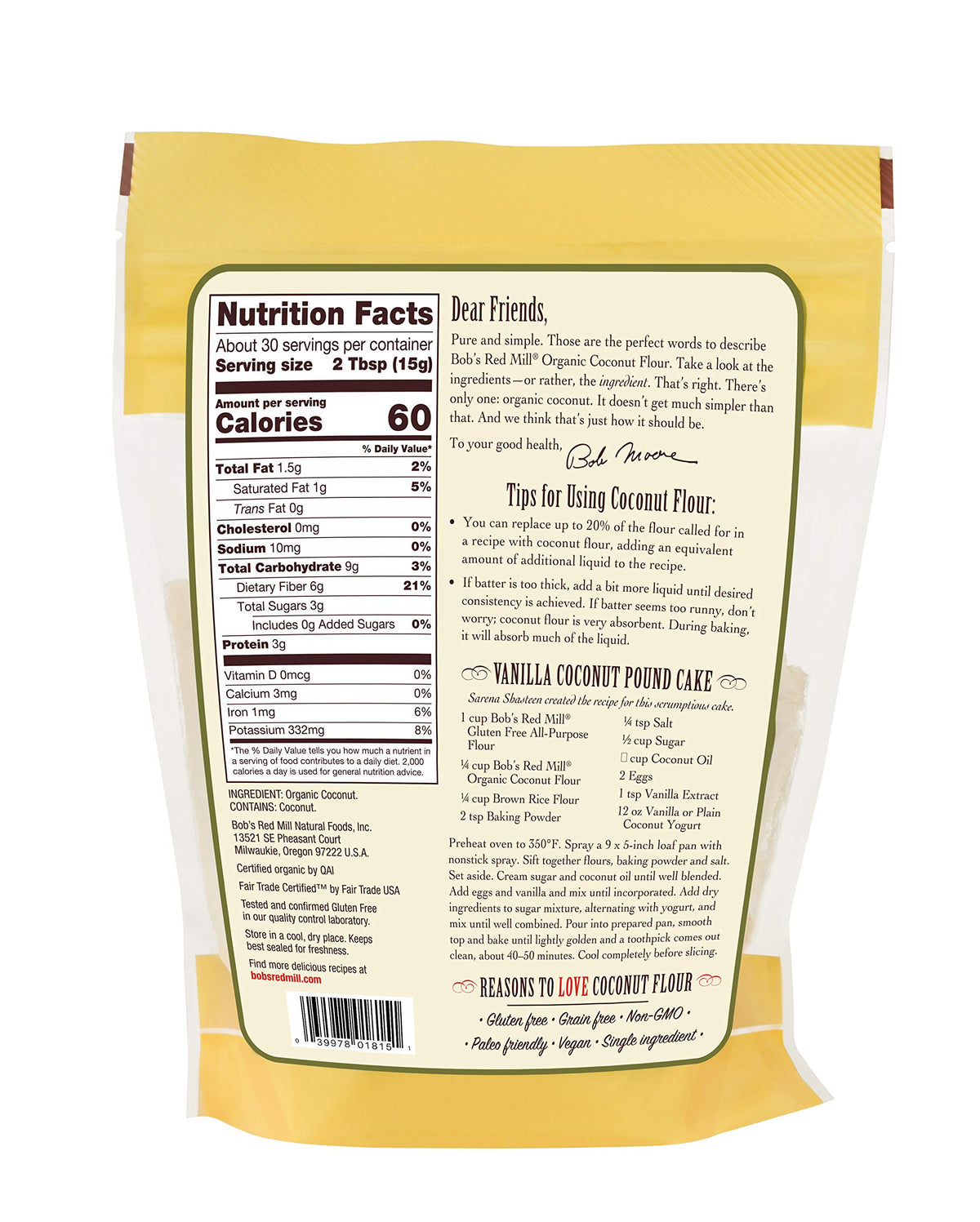 Bob's Red Mill Organic Coconut Flour pour closeup – absorbent flour for coconut flour recipes.