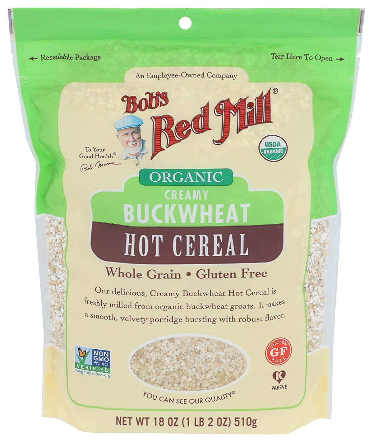 Bob's Red Mill Organic Creamy Buckwheat Hot Cereal four-pack in view, ready to enjoy.
