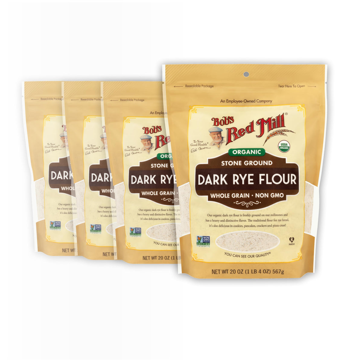Bob's Red Mill Organic Dark Rye Flour in a bag for hearty, authentic breads.