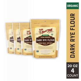Bob's Red Mill Organic Dark Rye Flour close-up reveals grainy texture for rich baking.