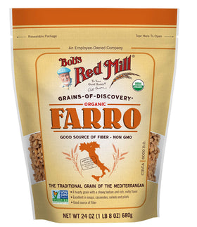 Bob's Red Mill Organic Farro bags on kitchen counter; ideal for nourishing weeknight meals.