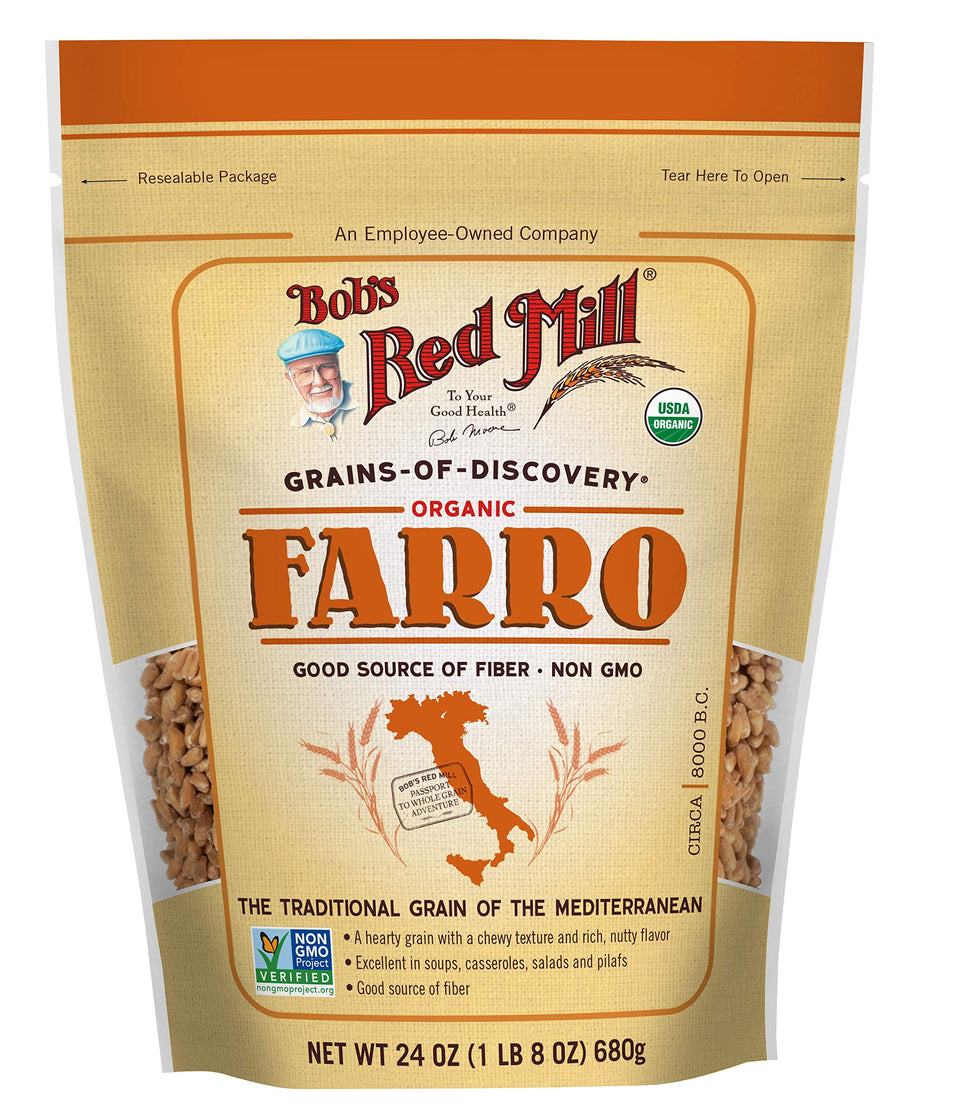 Bob's Red Mill Organic Farro bags on kitchen counter; ideal for nourishing weeknight meals.