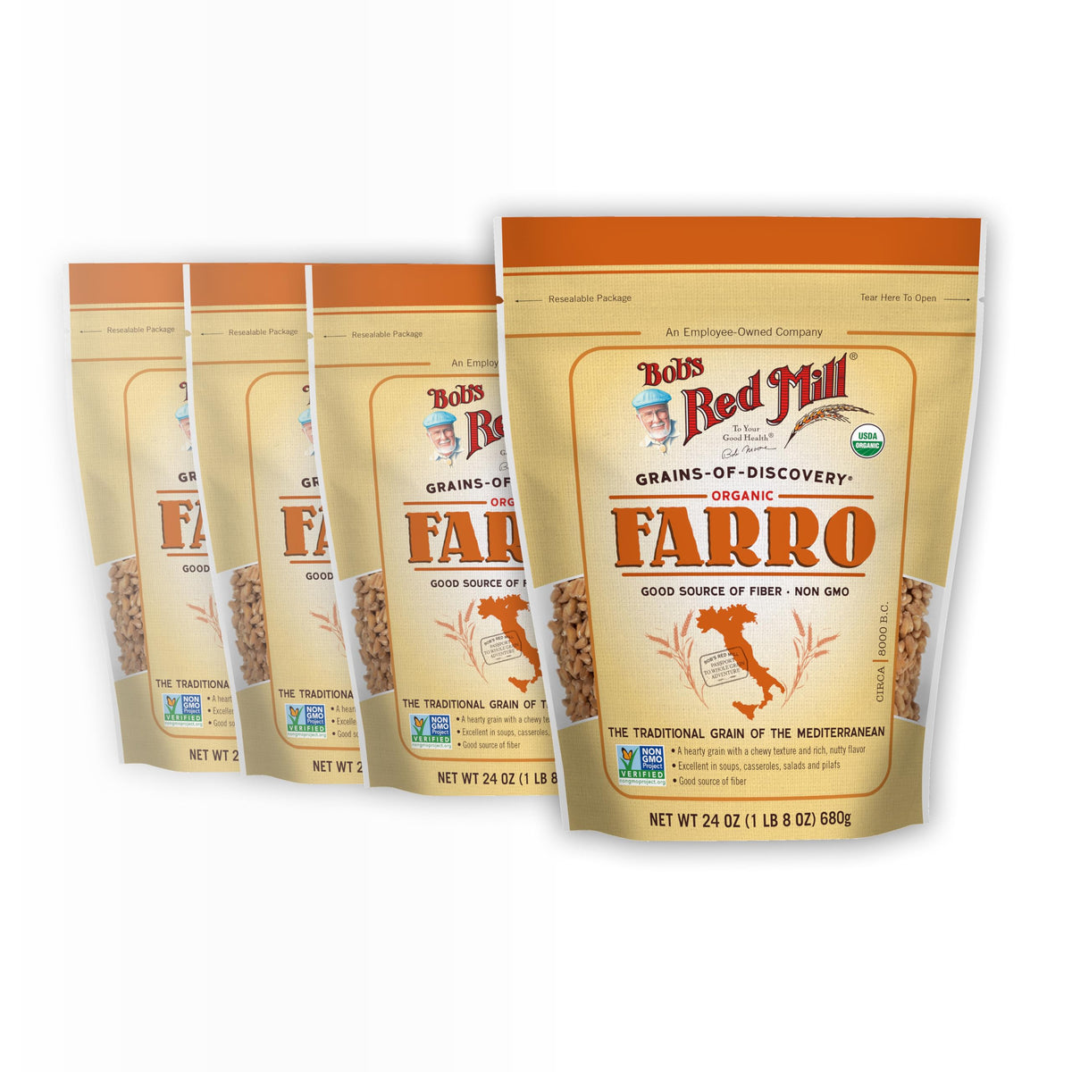 Bob's Red Mill Organic Farro grain in a bag, ideal for grain bowls.