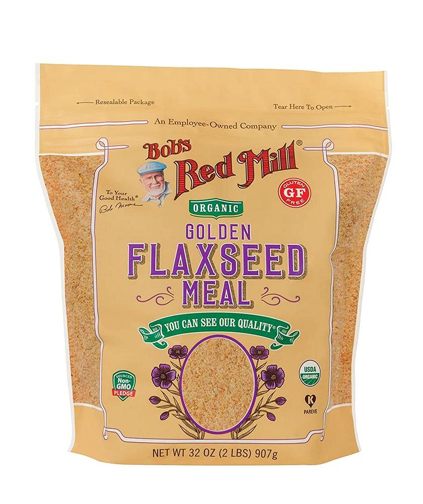 Bob's Red Mill organic flaxseed meal bottle on shelf for baking