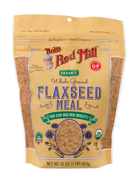 Bob's Red Mill Organic Flaxseed Meal back panel showing omega-3 and fiber information