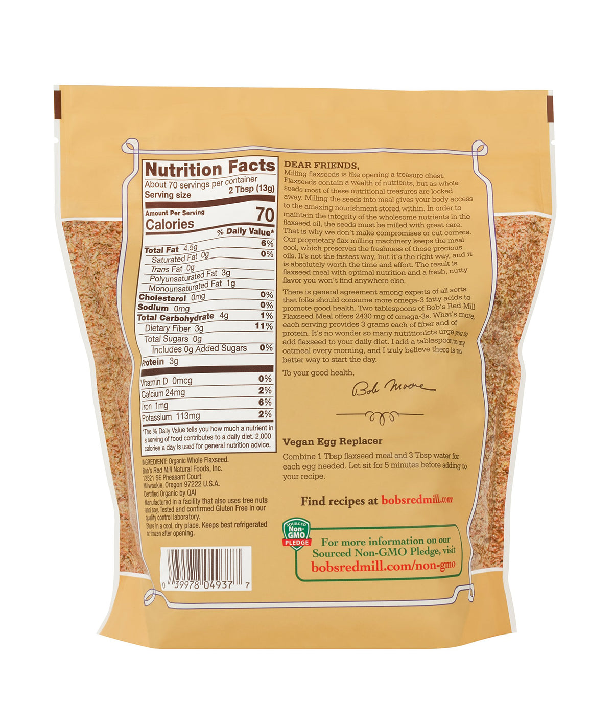 Bob's Red Mill organic flaxseed meal bag with measuring cup.