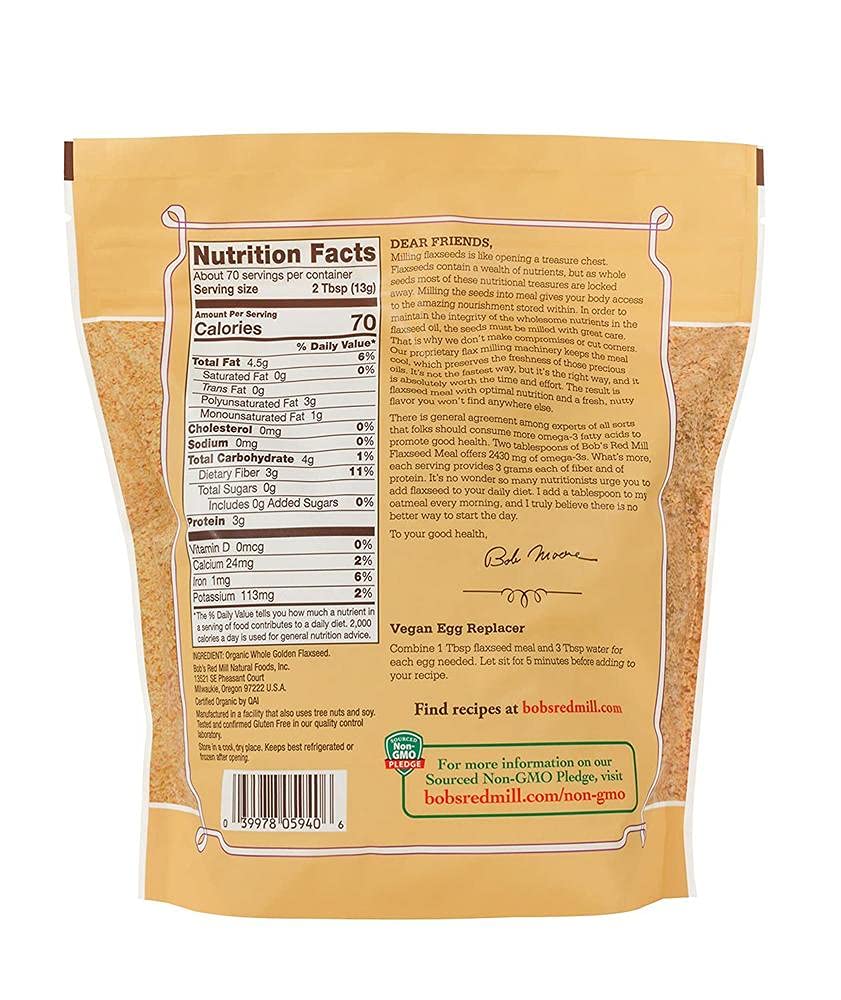 Bob's Red Mill flaxseed meal bottle with pour spout