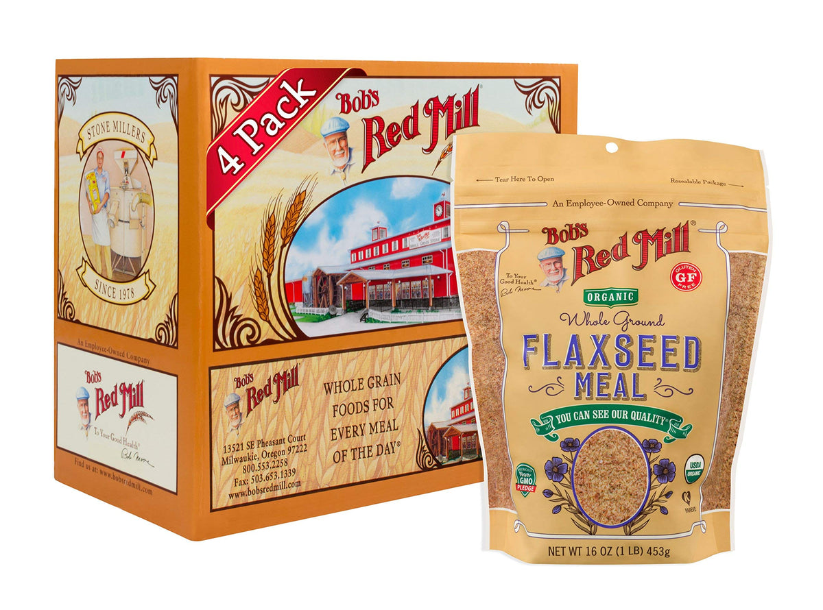 Bob's Red Mill Organic Flaxseed Meal front label, highlighting the product as organic flaxseed meal for breakfasts